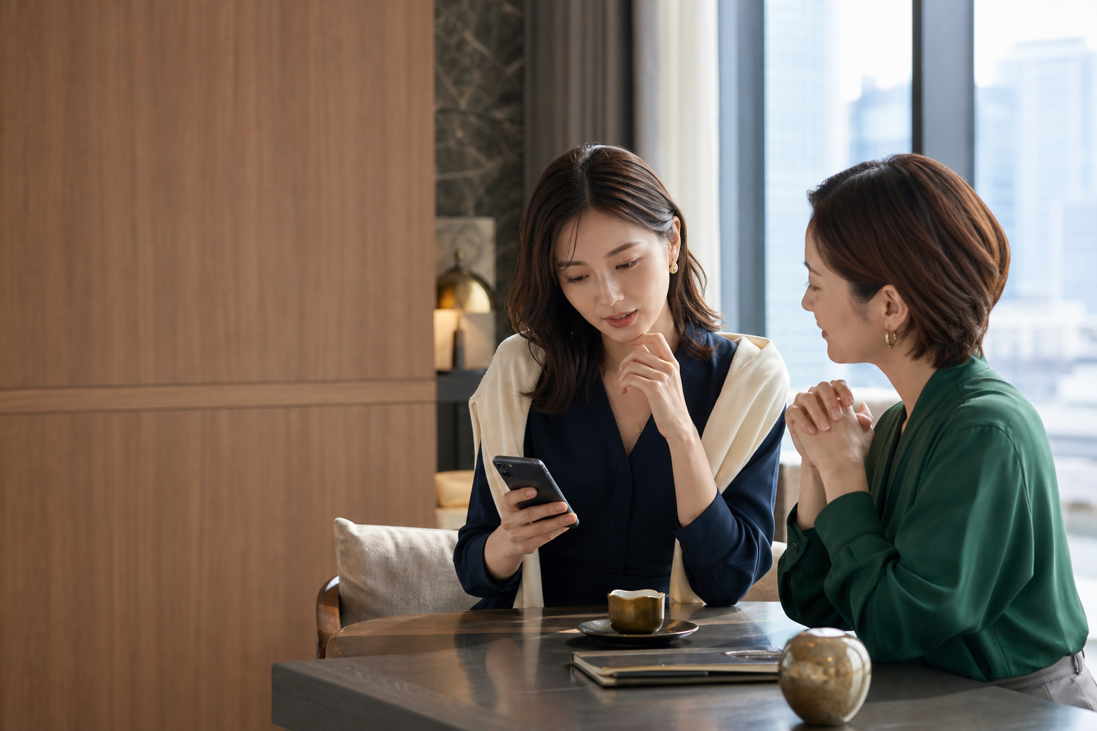 上質なラウンジでスマートフォンのやり取りを確認しながら相談する二人の女性
