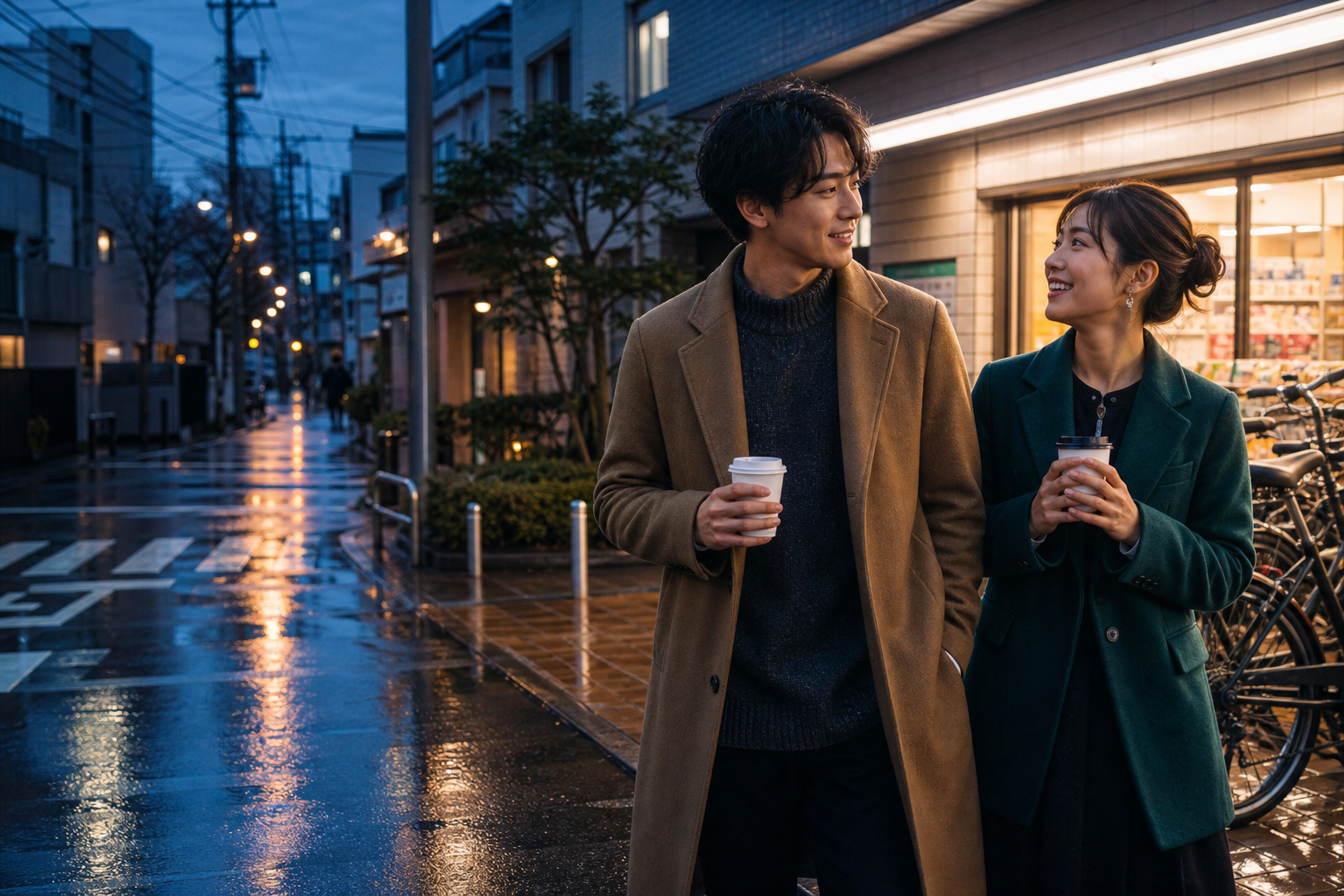 雨上がりの帰り道で温かい飲み物を手に話す20代の日本人カップル