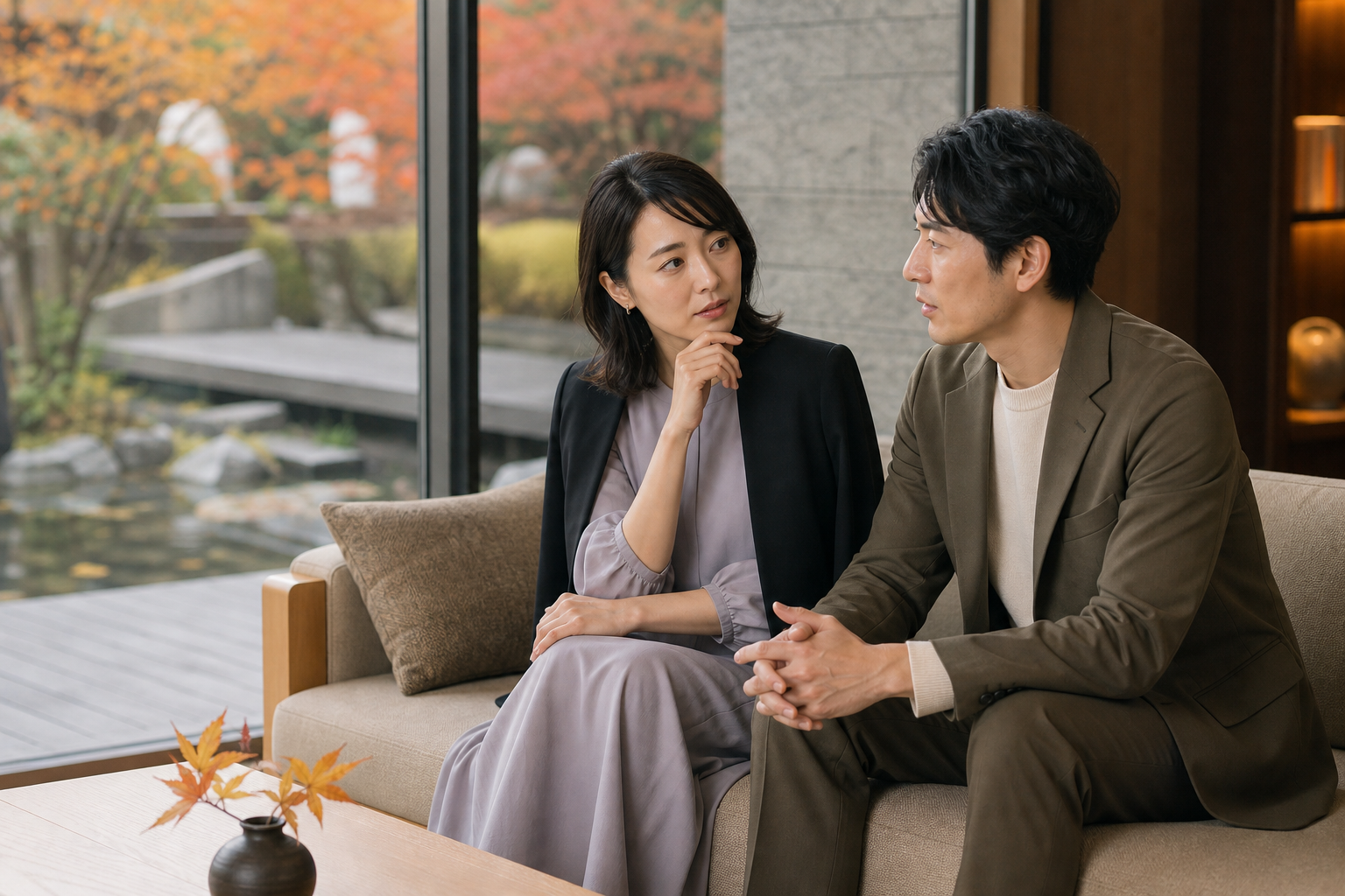 家族へ紹介する時期について上質なラウンジで話す30代の日本人カップル