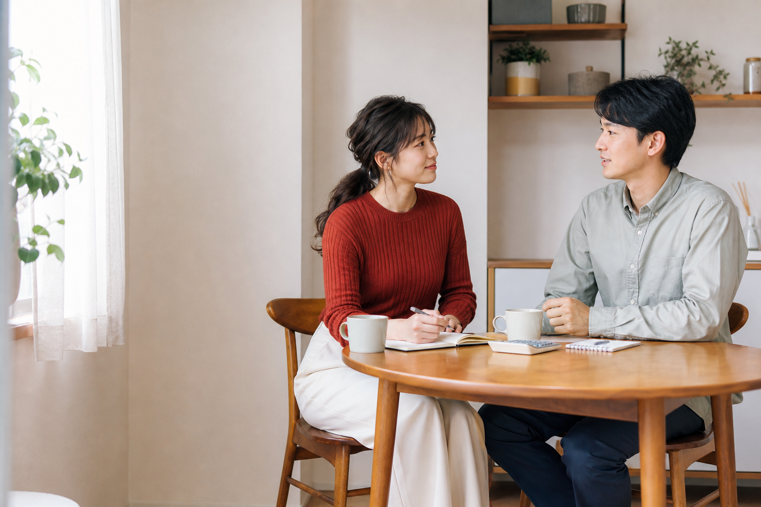 明るい住まいで結婚後の暮らしについて話す30代の日本人カップル
