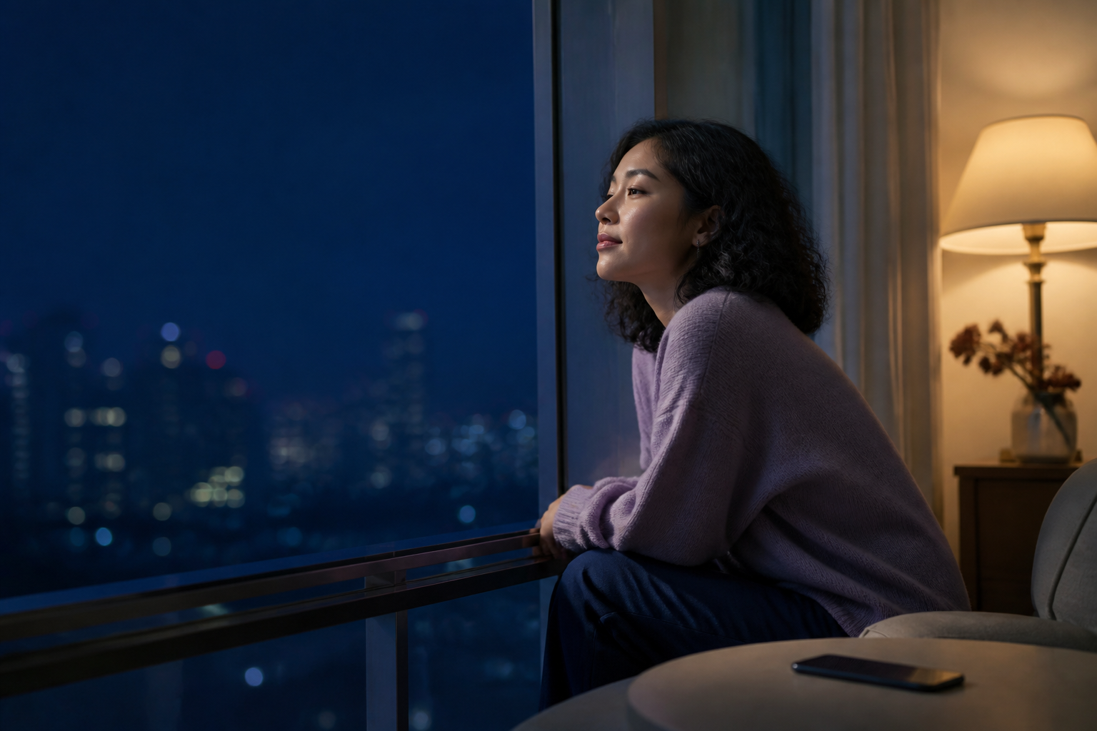 連絡を待つ夜、スマートフォンを置いて窓辺で呼吸を整える女性