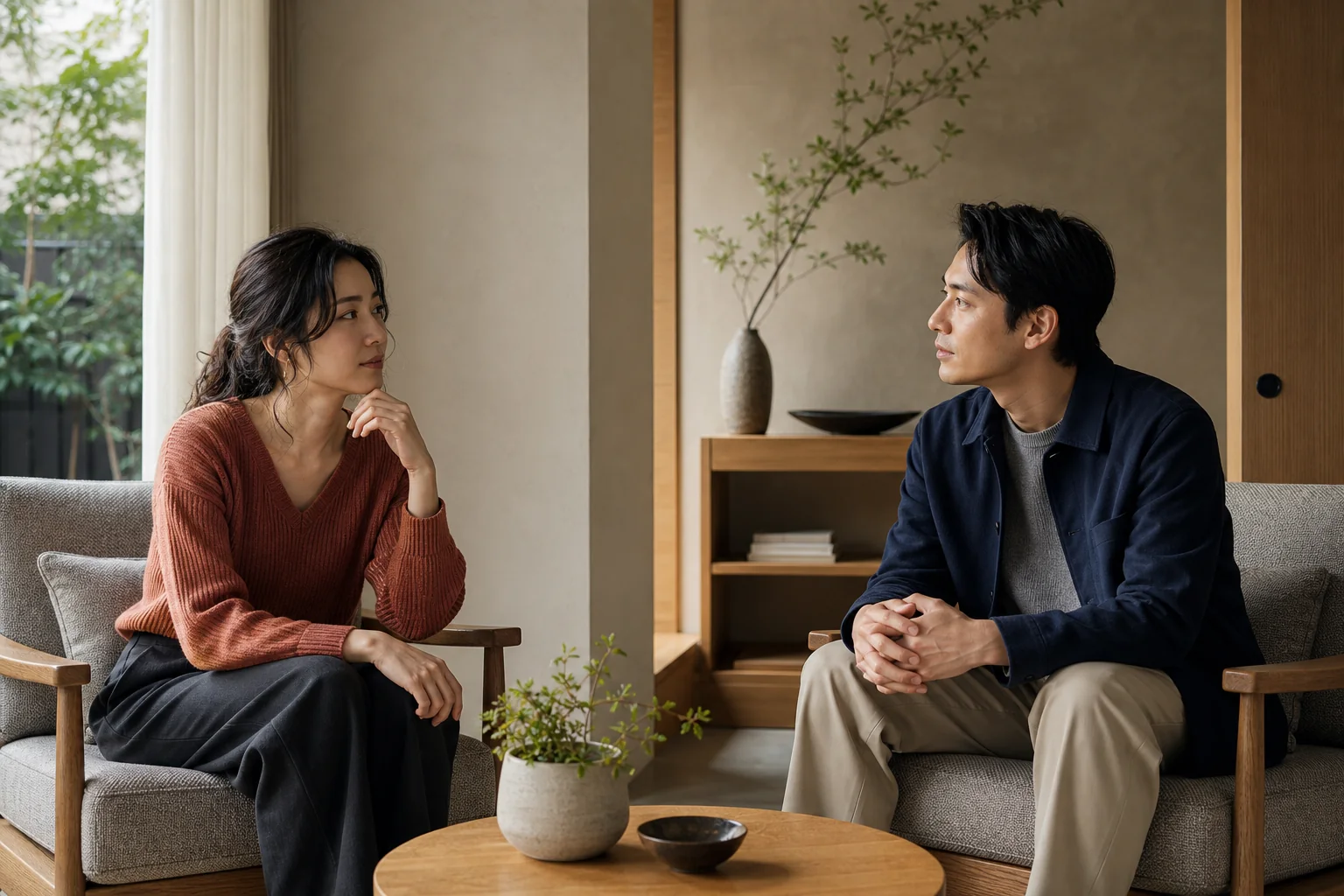 自然光の入る上質な空間で、互いを尊重しながら話し合う20代後半の男女